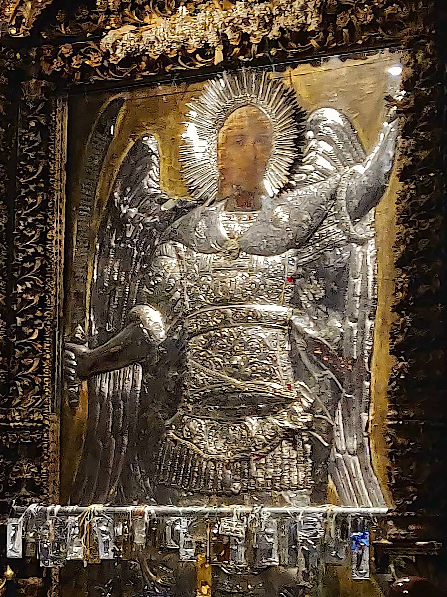 The sacred icon of Saint Michael the Archangel, Taxiarchis Panormitis, adorned in silver and gold